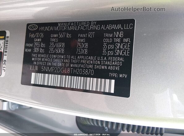5NMP2DGL8TH203870 2026 HYUNDAI SANTA FE Silver Շարժիչի բաժամունքի տեսք