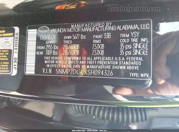 5NMP2DGLXSH094326 2025 HYUNDAI SANTA FE Black Вид підкапотного простору