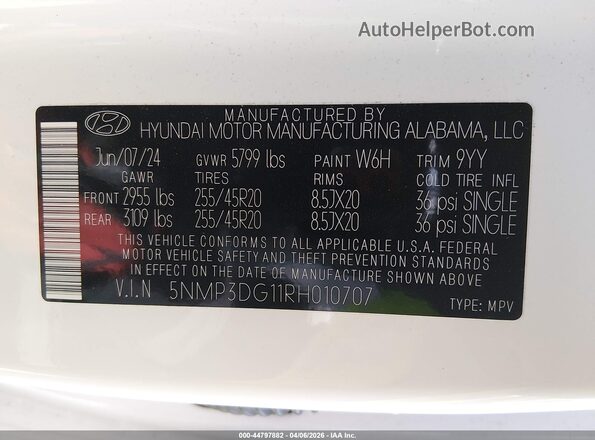 5NMP3DG11RH010707 2024 HYUNDAI SANTA FE HYBRID White Շարժիչի բաժամունքի տեսք