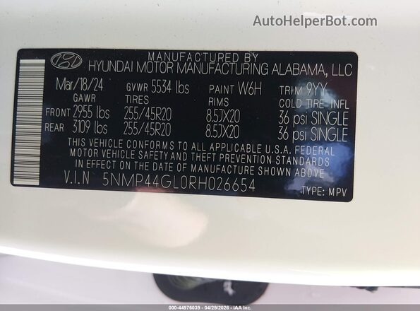 5NMP44GL0RH026654 2024 HYUNDAI SANTA FE White Vista del compartimento del motor