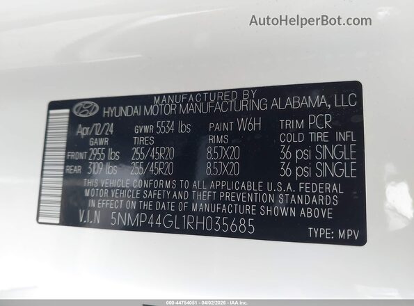 5NMP44GL1RH035685 2024 HYUNDAI SANTA FE White Շարժիչի բաժամունքի տեսք