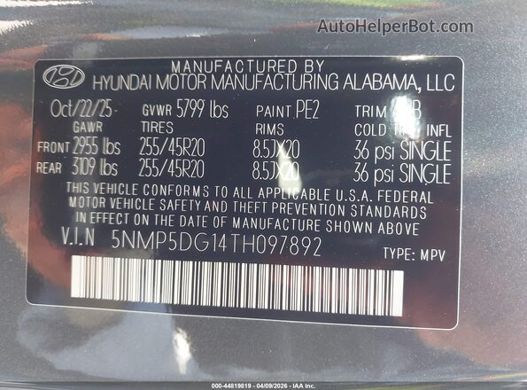 5NMP5DG14TH097892 2026 HYUNDAI SANTA FE HYBRID Gray ძრავის განყოფილების ხედი