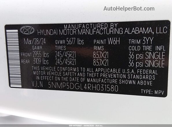 5NMP5DGL4RH031580 2024 HYUNDAI SANTA FE CALLIGRAPHY White ძრავის განყოფილების ხედი