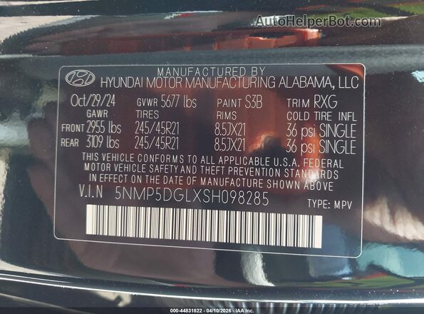 5NMP5DGLXSH098285 2025 HYUNDAI SANTA FE CALLIGRAPHY Black Widok komory silnika