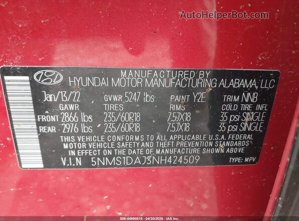 5NMS1DAJ3NH424509 2022 HYUNDAI SANTA FE Red 