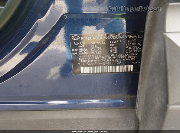 5NMS1DAJ6MH356303 2021 HYUNDAI SANTA FE Blue Շարժիչի բաժամունքի տեսք