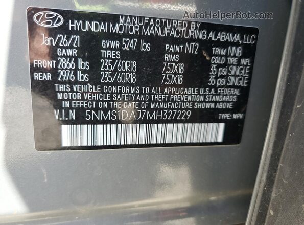 5NMS1DAJ7MH327229 2021 HYUNDAI SANTA Серый Вид наклейки с VIN-кодом