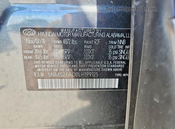 5NMS23AD0LH199125 2020 HYUNDAI SANTA Серый Панорамный вид салона 360°
