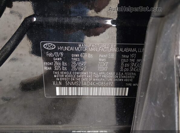 5NMS23AD4KH085692 2019 HYUNDAI SANTA FE Black Widok komory silnika