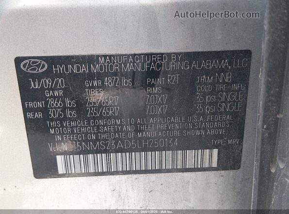5NMS23AD5LH250134 2020 HYUNDAI SANTA FE Gray Vista del compartimento del motor