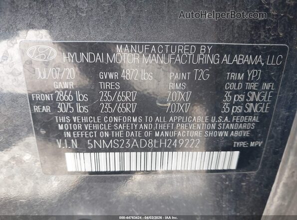 5NMS23AD8LH249222 2020 HYUNDAI SANTA FE Gray Widok komory silnika