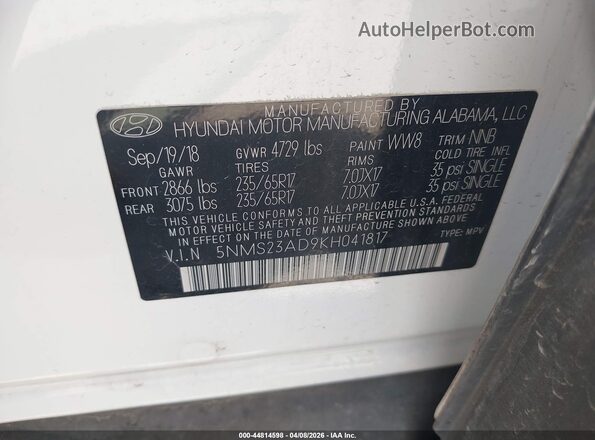 5NMS23AD9KH041817 2019 HYUNDAI SANTA FE White 