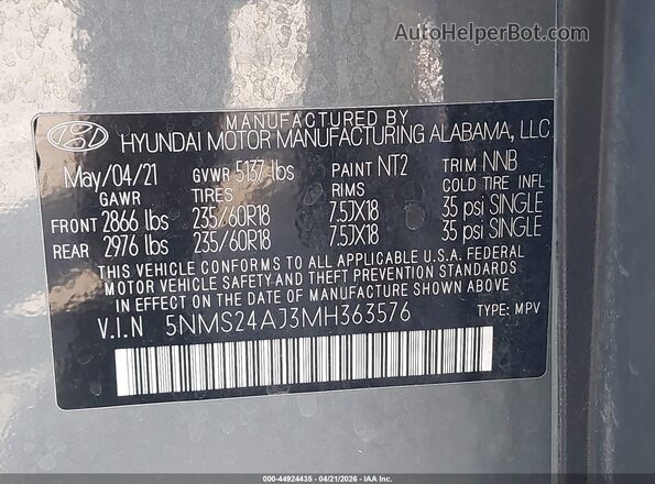 5NMS24AJ3MH363576 2021 HYUNDAI SANTA FE Серый 
