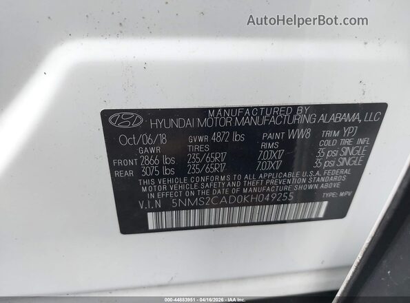 5NMS2CAD0KH049255 2019 HYUNDAI SANTA FE White Vista del compartimento del motor