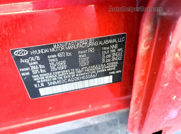5NMS2CAD2KH030867 2019 HYUNDAI SANTA Red Vista interior de 360 grados
