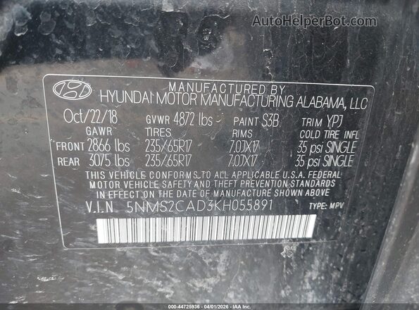 5NMS2CAD3KH055891 2019 HYUNDAI SANTA FE Черный 