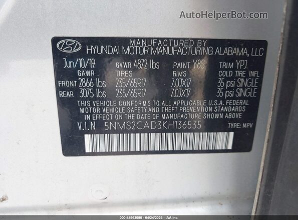 5NMS2CAD3KH136535 2019 HYUNDAI SANTA FE Серебряный Вид подкапотного пространства