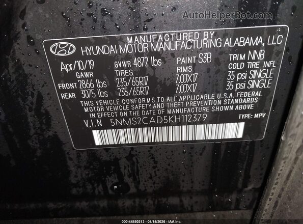 5NMS2CAD5KH112379 2019 HYUNDAI SANTA FE Black ძრავის განყოფილების ხედი