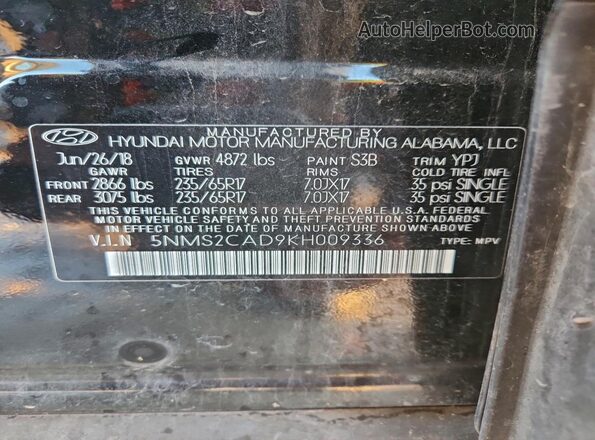 5NMS2CAD9KH009336 2019 HYUNDAI SANTA Black 