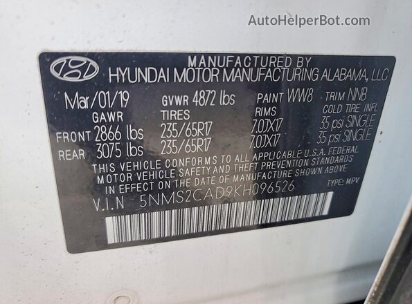 5NMS2CAD9KH096526 2019 HYUNDAI SANTA Белый Вид подкапотного пространства