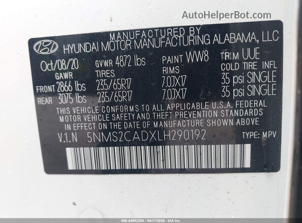 5NMS2CADXLH290192 2020 HYUNDAI SANTA FE White Engine compartment view