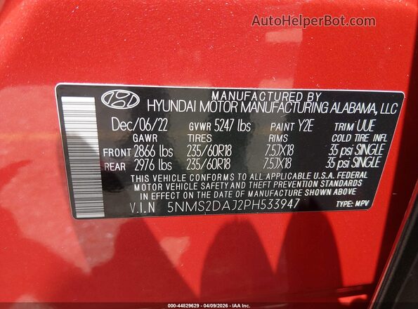 5NMS2DAJ2PH533947 2023 HYUNDAI SANTA FE Red Շարժիչի բաժամունքի տեսք
