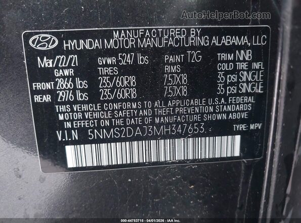 5NMS2DAJ3MH347653 2021 HYUNDAI SANTA FE Gray Շարժիչի բաժամունքի տեսք