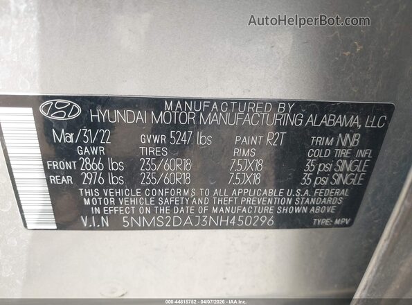 5NMS2DAJ3NH450296 2022 HYUNDAI SANTA FE Silver 