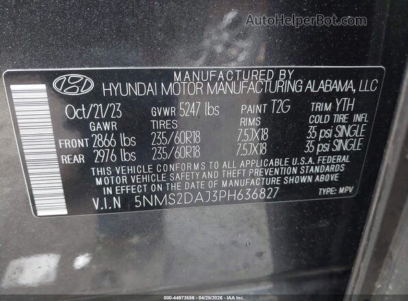5NMS2DAJ3PH636827 2023 HYUNDAI SANTA FE Gray Շարժիչի բաժամունքի տեսք