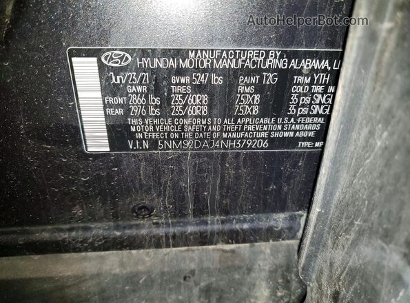 5NMS2DAJ4NH379206 2022 HYUNDAI SANTA Gray 