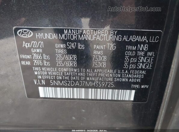 5NMS2DAJ7MH359725 2021 HYUNDAI SANTA FE Gray Engine compartment view