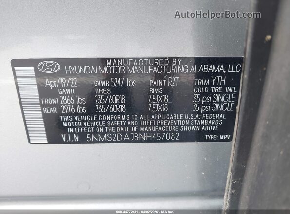 5NMS2DAJ8NH457082 2022 HYUNDAI SANTA FE Серебряный Вид подкапотного пространства