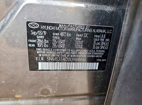 5NMS33AD0LH168440 2020 HYUNDAI SANTA Gray Widok wnętrza 360 stopni