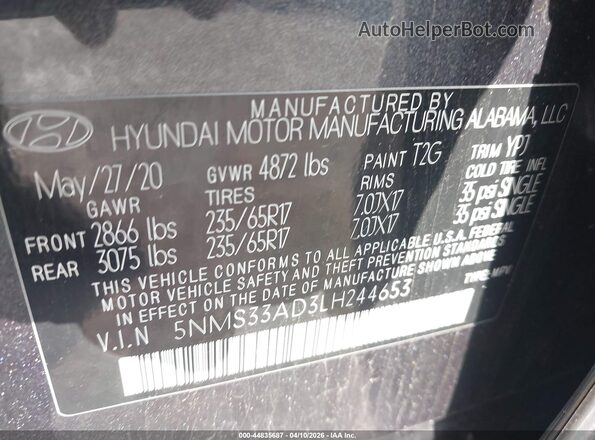 5NMS33AD3LH244653 2020 HYUNDAI SANTA FE Gray Engine compartment view