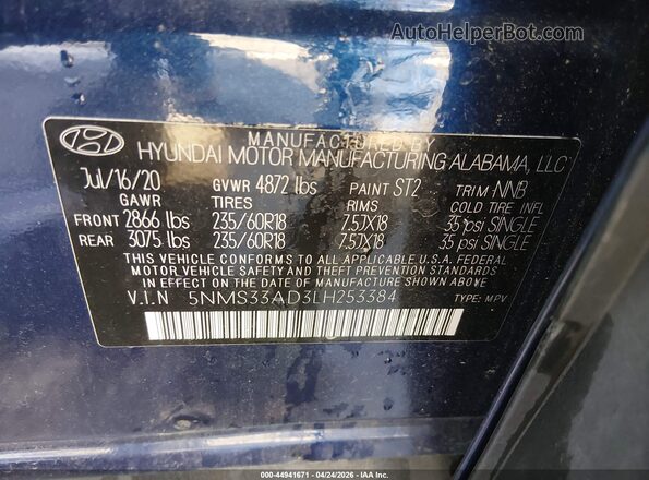 5NMS33AD3LH253384 2020 HYUNDAI SANTA FE Синий Вид подкапотного пространства