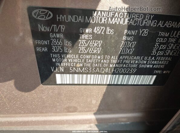 5NMS33AD4LH200239 2020 HYUNDAI SANTA FE Gray ძრავის განყოფილების ხედი