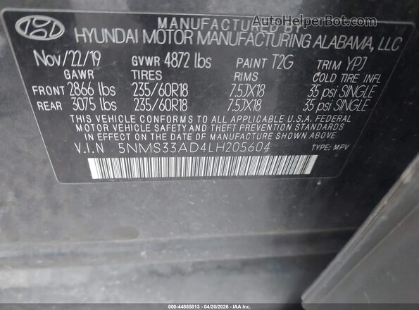 5NMS33AD4LH205604 2020 HYUNDAI SANTA FE Gray 