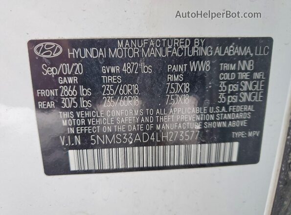 5NMS33AD4LH273577 2020 HYUNDAI SANTA White Vista interior de 360 grados