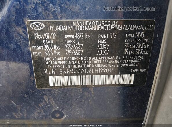 5NMS33AD6LH199045 2020 HYUNDAI SANTA FE Blue 