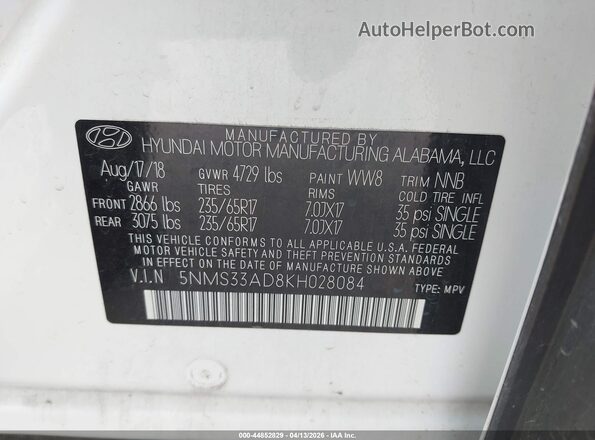 5NMS33AD8KH028084 2019 HYUNDAI SANTA FE White 