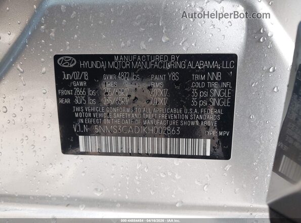 5NMS3CAD1KH002863 2019 HYUNDAI SANTA FE Silver Vista del compartimento del motor