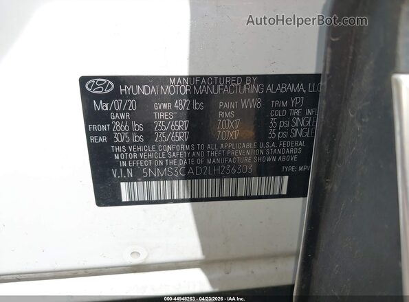 5NMS3CAD2LH236303 2020 HYUNDAI SANTA FE White ძრავის განყოფილების ხედი