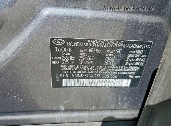 5NMS3CAD3KH001598 2019 HYUNDAI SANTA Silver Vista del compartimento del motor