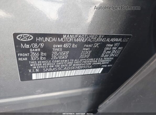 5NMS3CAD3KH099256 2019 HYUNDAI SANTA FE Silver ძრავის განყოფილების ხედი