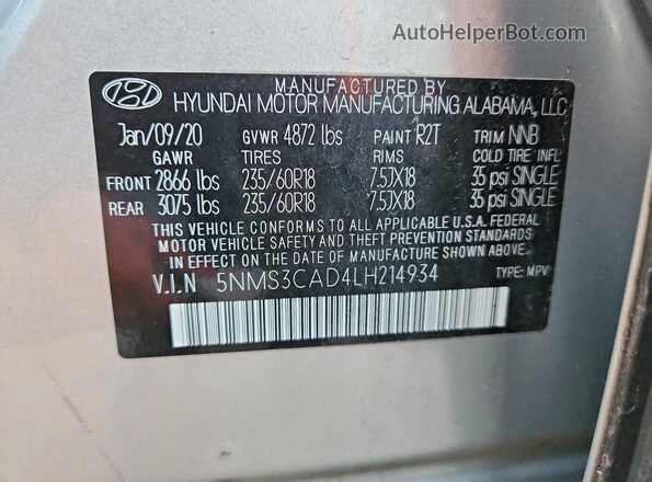 5NMS3CAD4LH214934 2020 HYUNDAI SANTA Silver Вид підкапотного простору