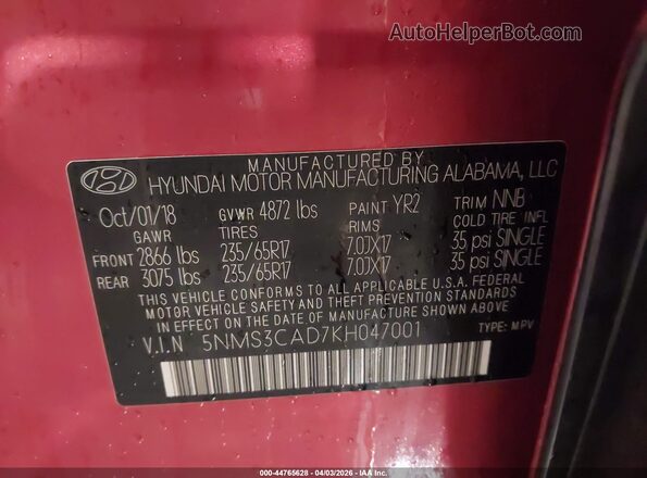 5NMS3CAD7KH047001 2019 HYUNDAI SANTA FE Orange 