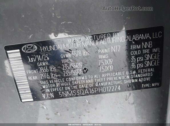 5NMS3DA16PH012274 2023 HYUNDAI SANTA FE HYBRID Gray ძრავის განყოფილების ხედი