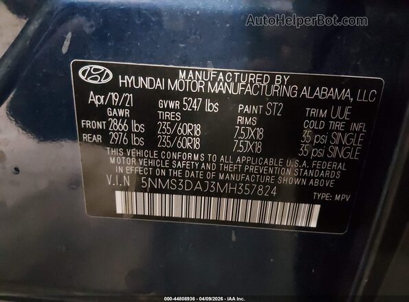 5NMS3DAJ3MH357824 2021 HYUNDAI SANTA FE Blue Շարժիչի բաժամունքի տեսք