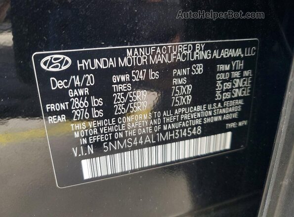 5NMS44AL1MH314548 2021 HYUNDAI SANTA Black Вид наклейки з VIN-кодом