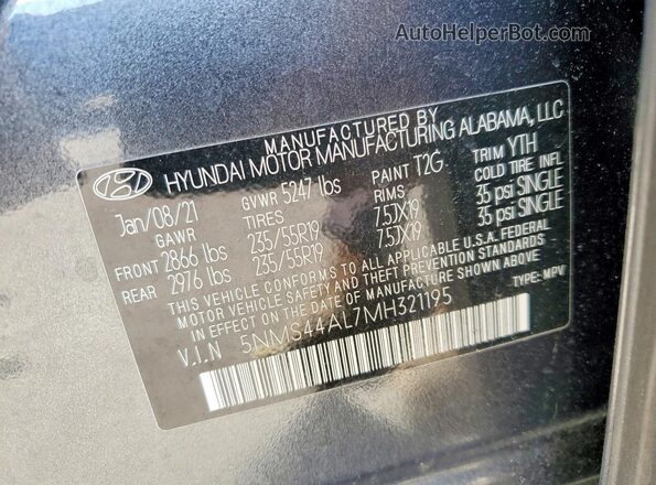 5NMS44AL7MH321195 2021 HYUNDAI SANTA Серый Вид наклейки с VIN-кодом